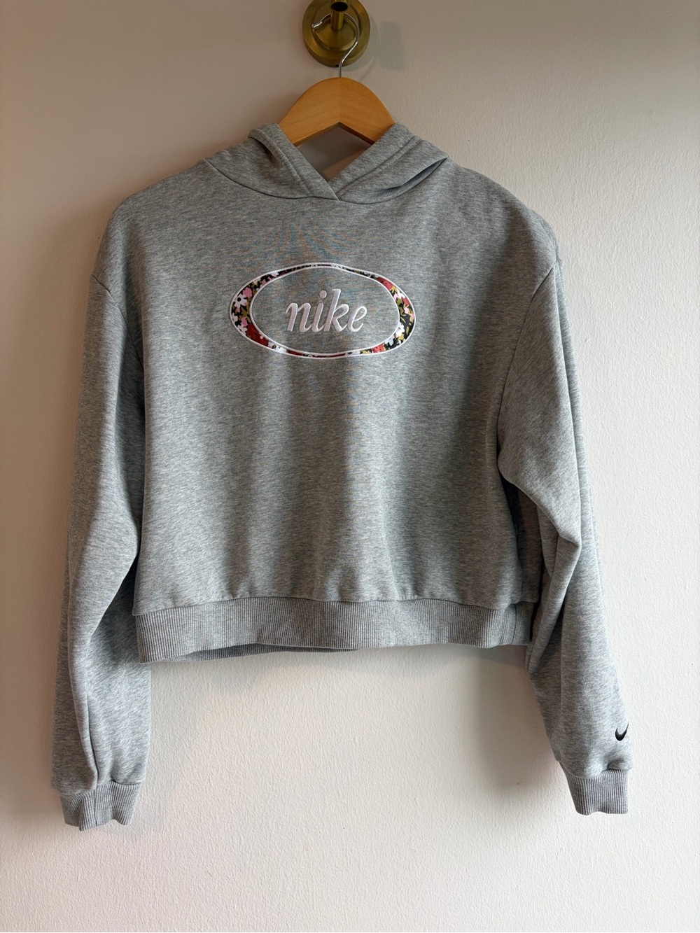 Nike Light Gray Cropped Hoodie with Floral Oval Logo